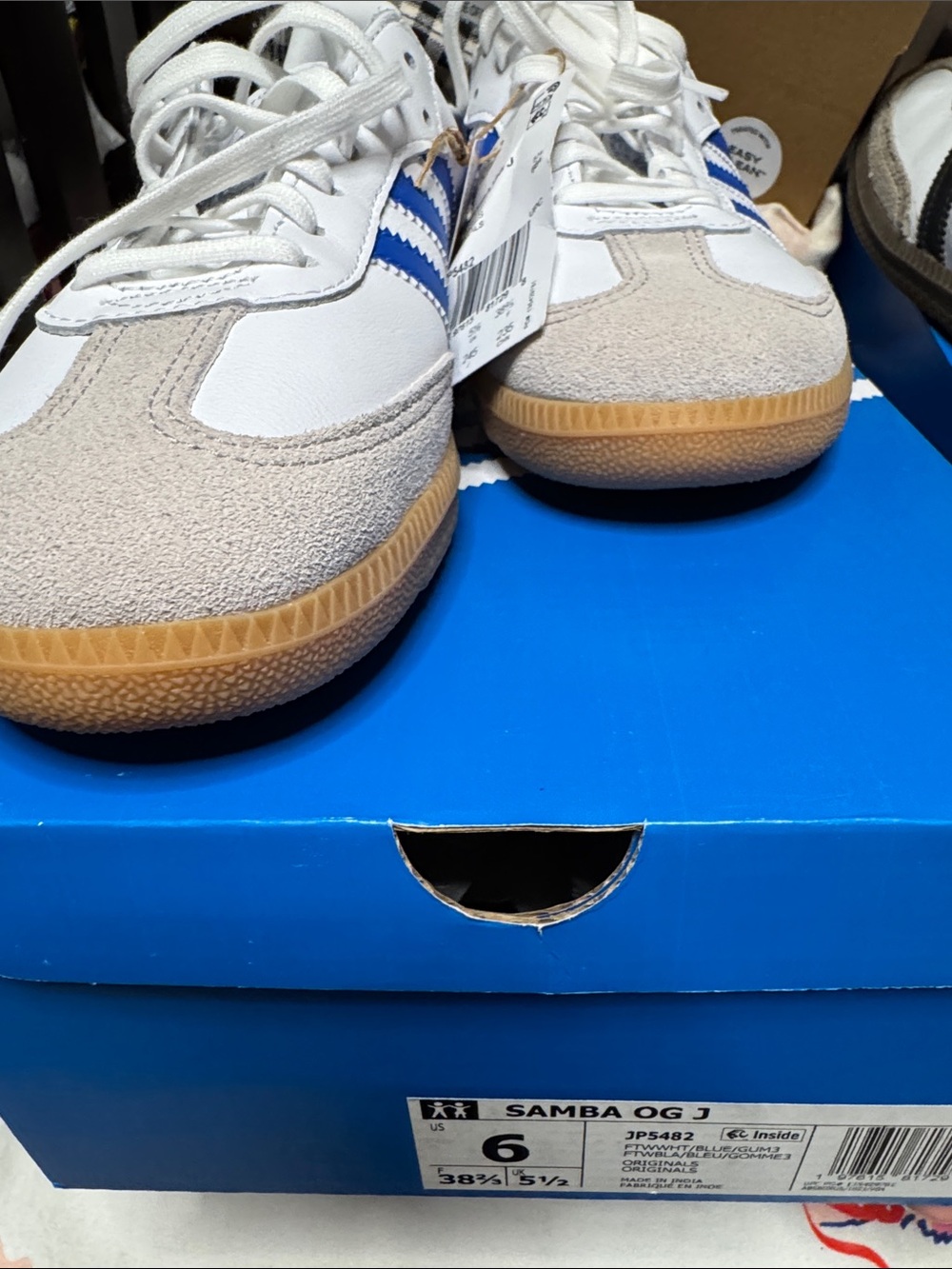 adidas big Kids Samba Og J Sneakers in White and Blue with Gum Sole